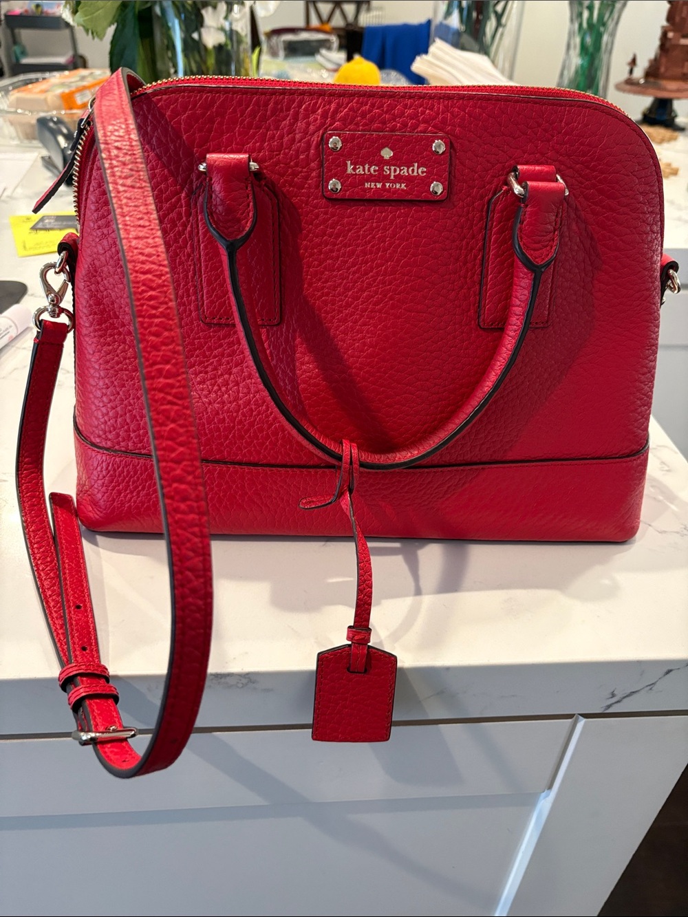 kate spade red pebbled leather dome satchel with crossbody strap